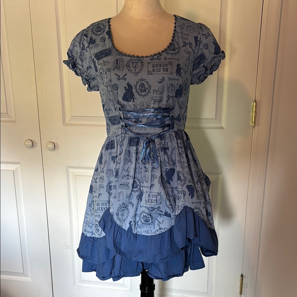 Disney Beauty and the Beast Blue Dress with corset ribbon and lace trim detail.